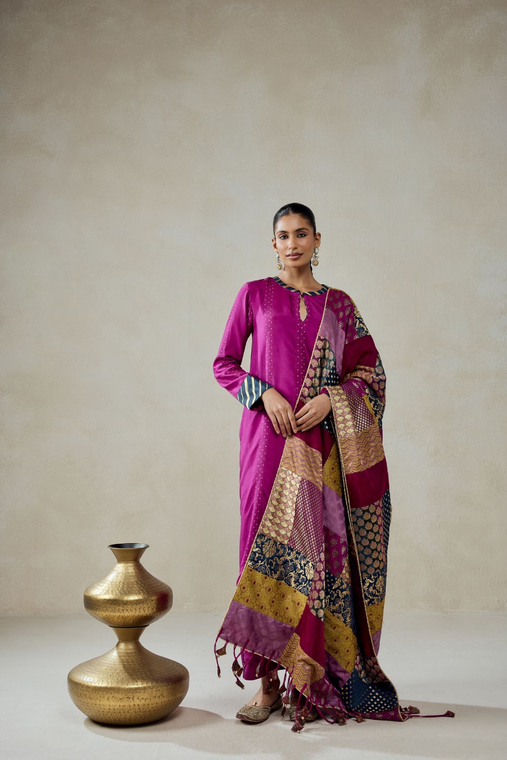 Wine Salwar Suit With Multicolour Brocade Dupatta Set