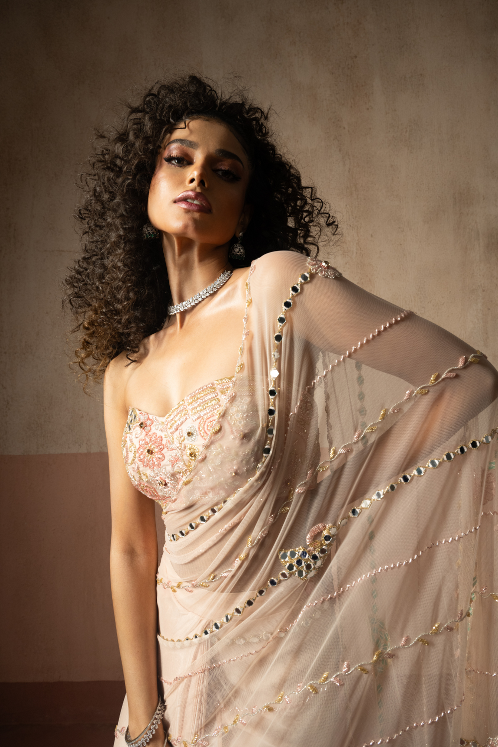 Predraped , baby pink , hand embroidered net & satin saree
