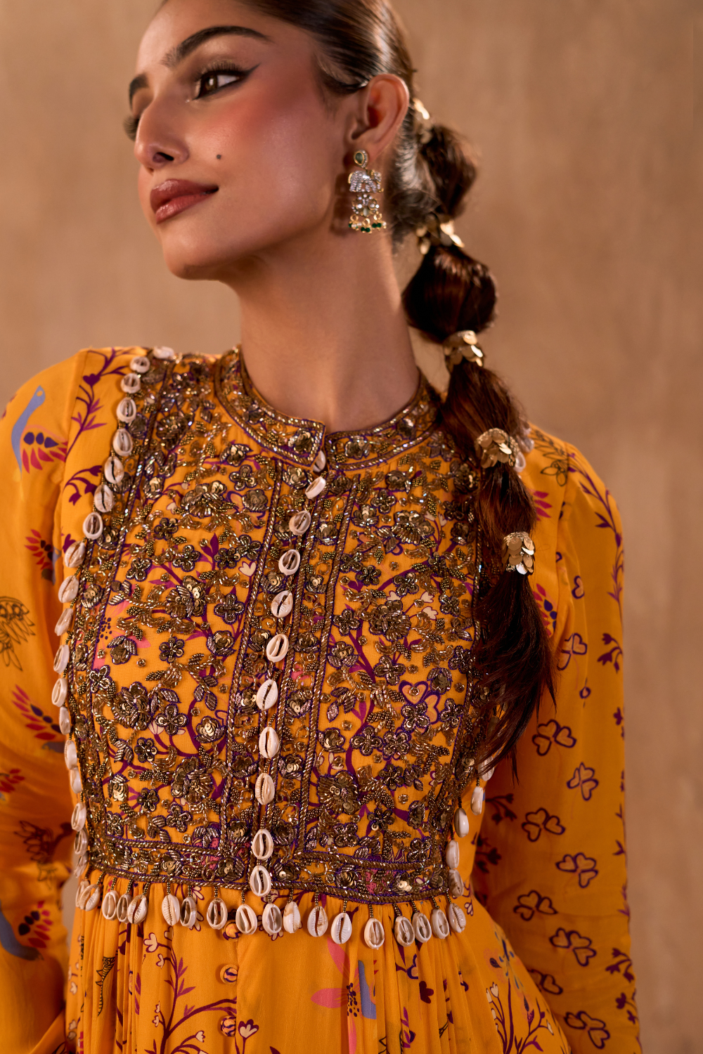 YELLOW PRINT EMBROIDERED ANARKALI AND DUPATTA SET
