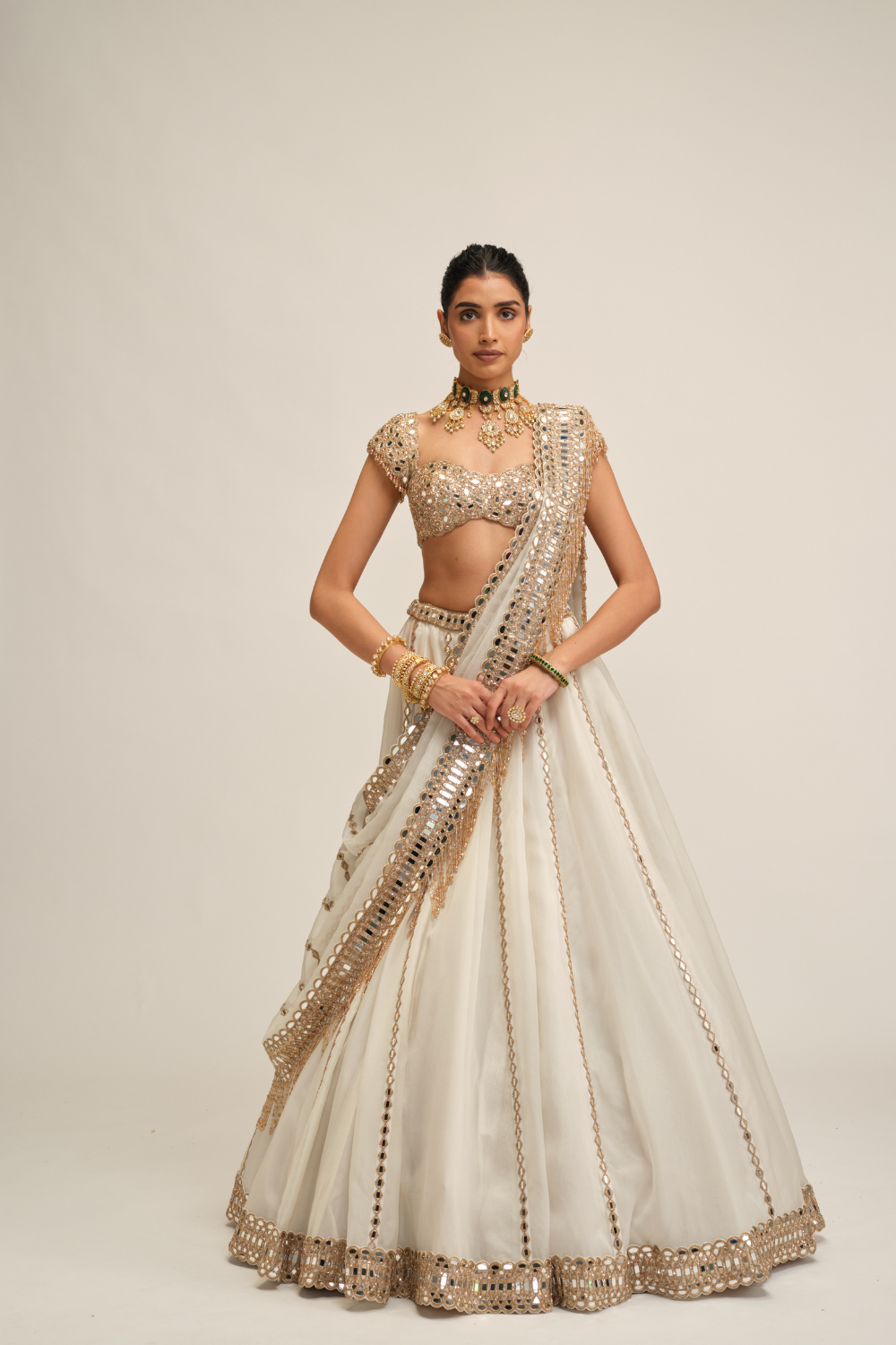 Off White Linear Lehenga Set
