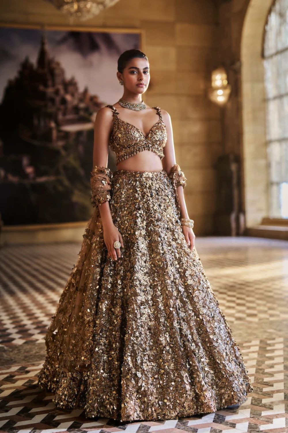 Metallic Gold 3D Lehenga Set