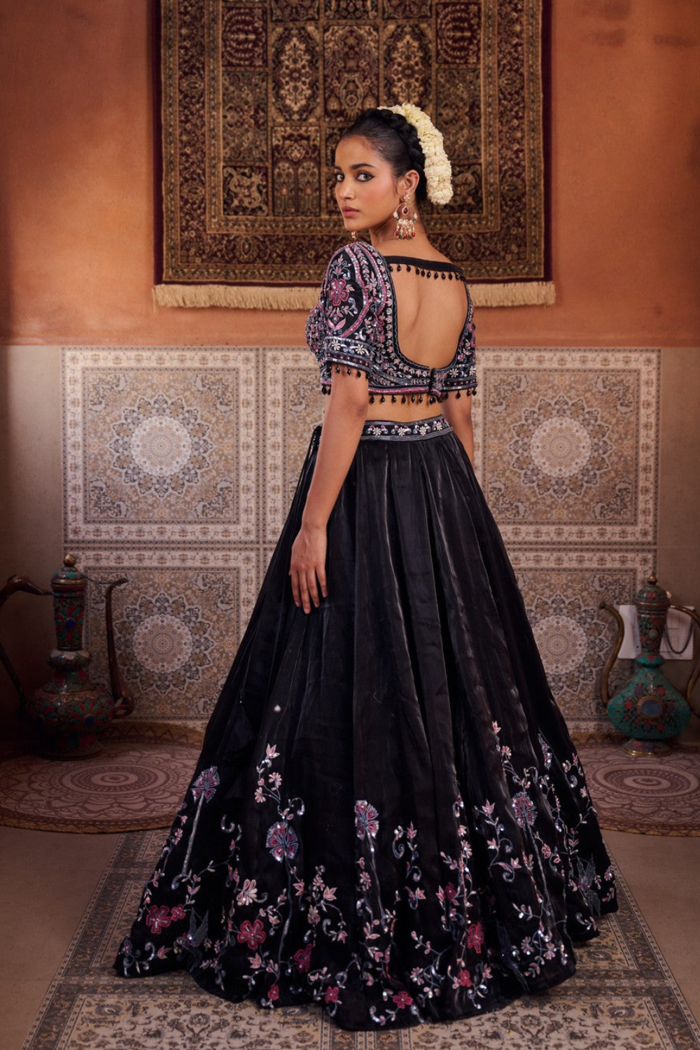 Black glass tissue embroidered blouse, lehenga and dupatta