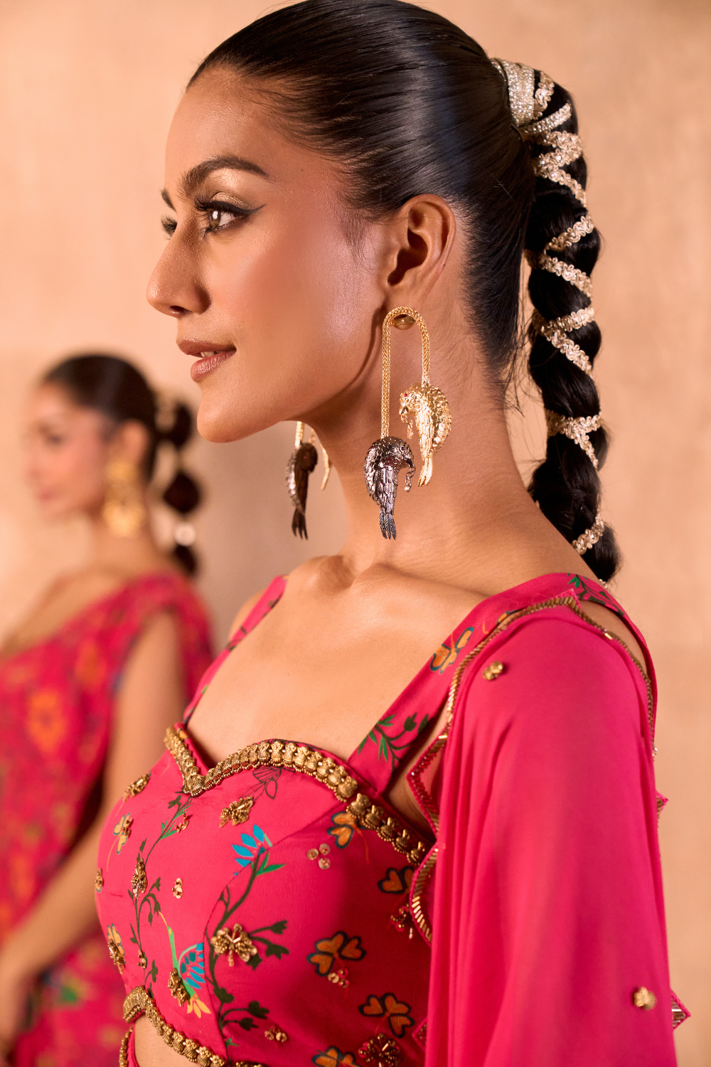 PINK PRINT EMBROIDERED CHOLI, DRAPED SKIRT AND DUPATTA SET