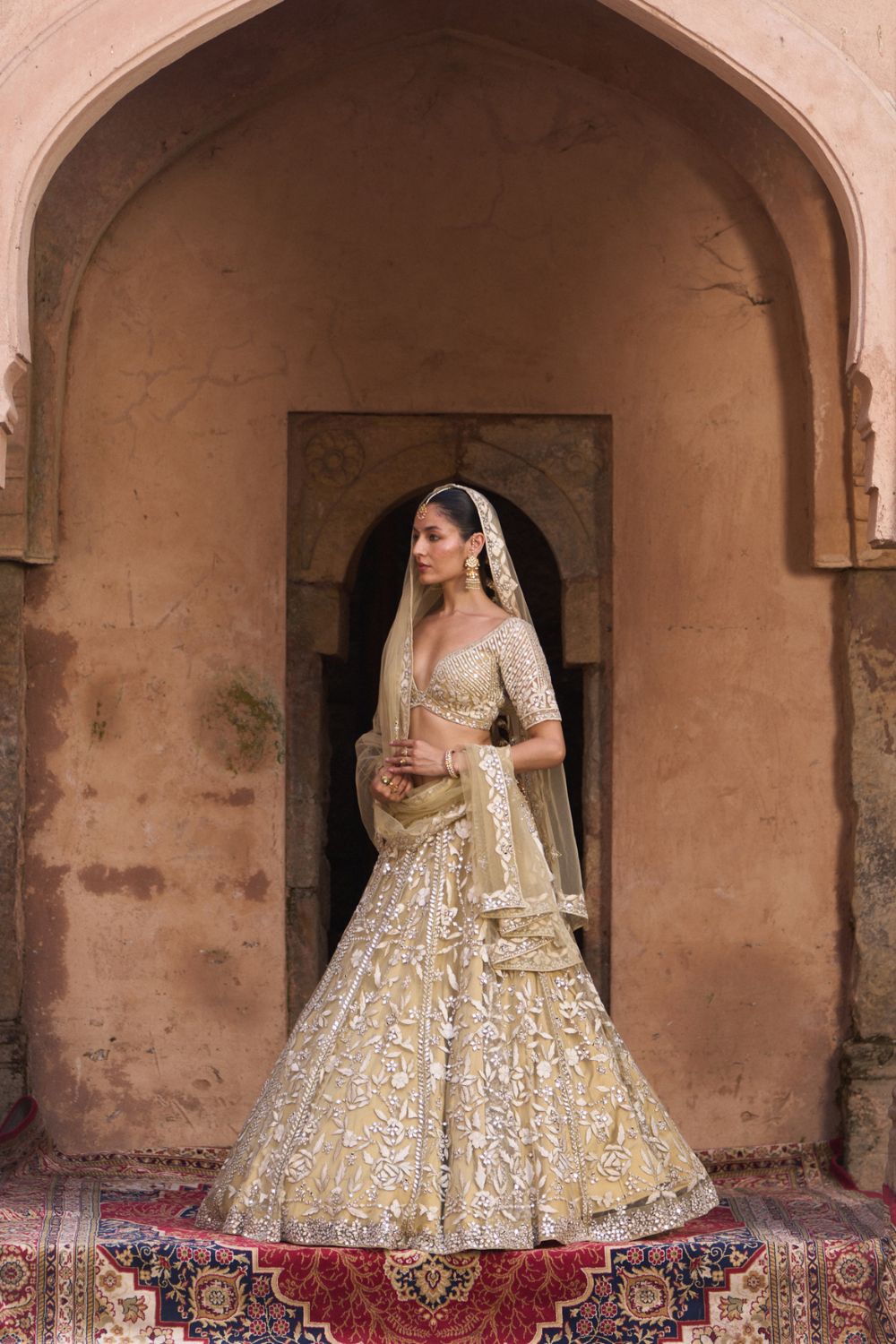 BASANT — Golden Beige Net Lehenga Set