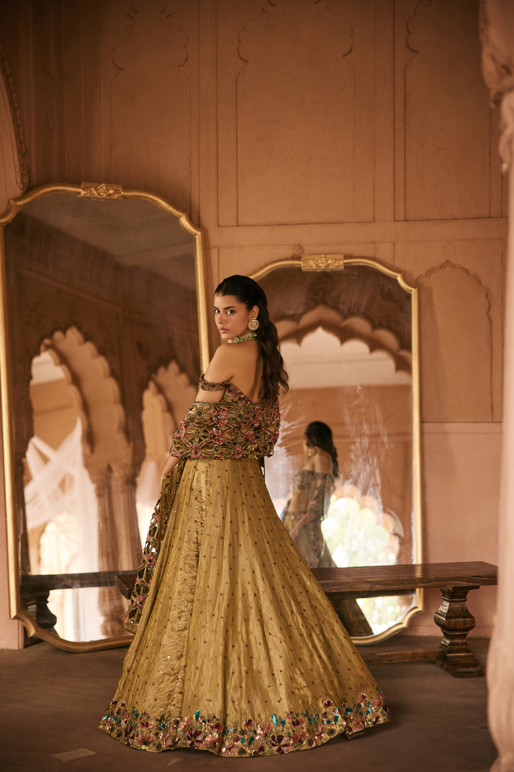 Gold, Sequins, Cutwork, Tissue, Lehenga Set