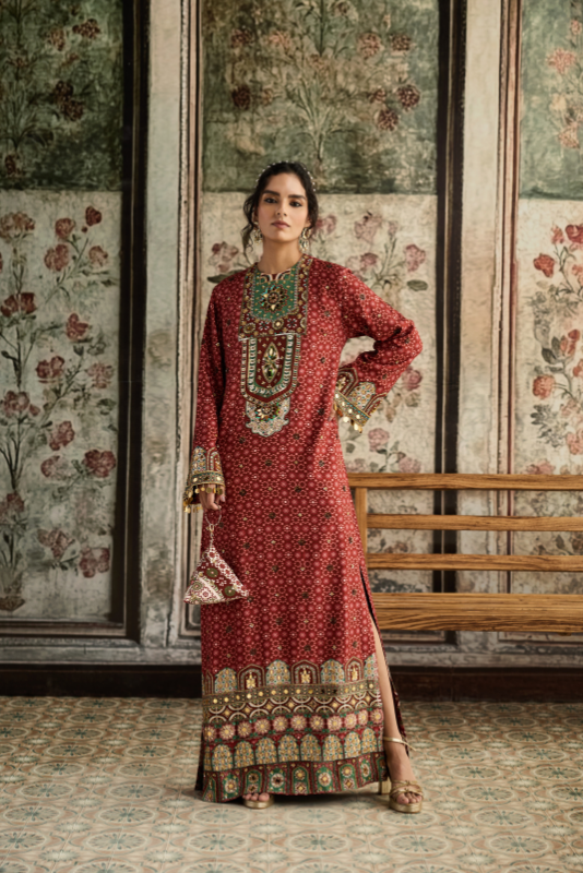 SAGE-MAROON PRINT AND HIGHLIGHTED KAFTAN