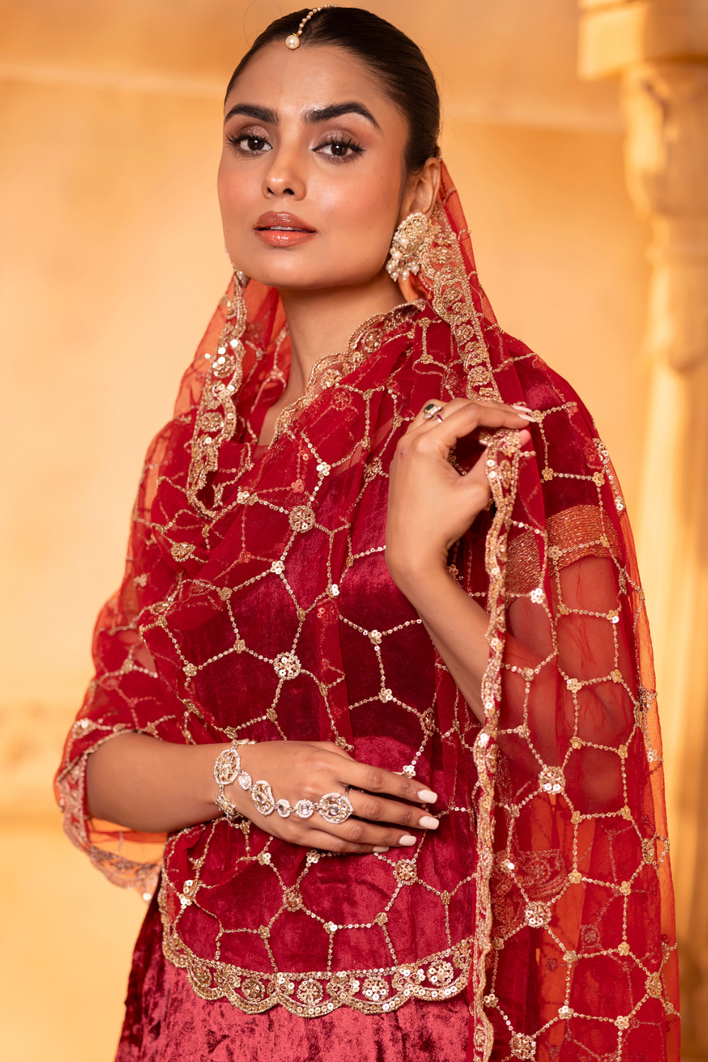 Maroon Velvet Kurta and Sharara Set