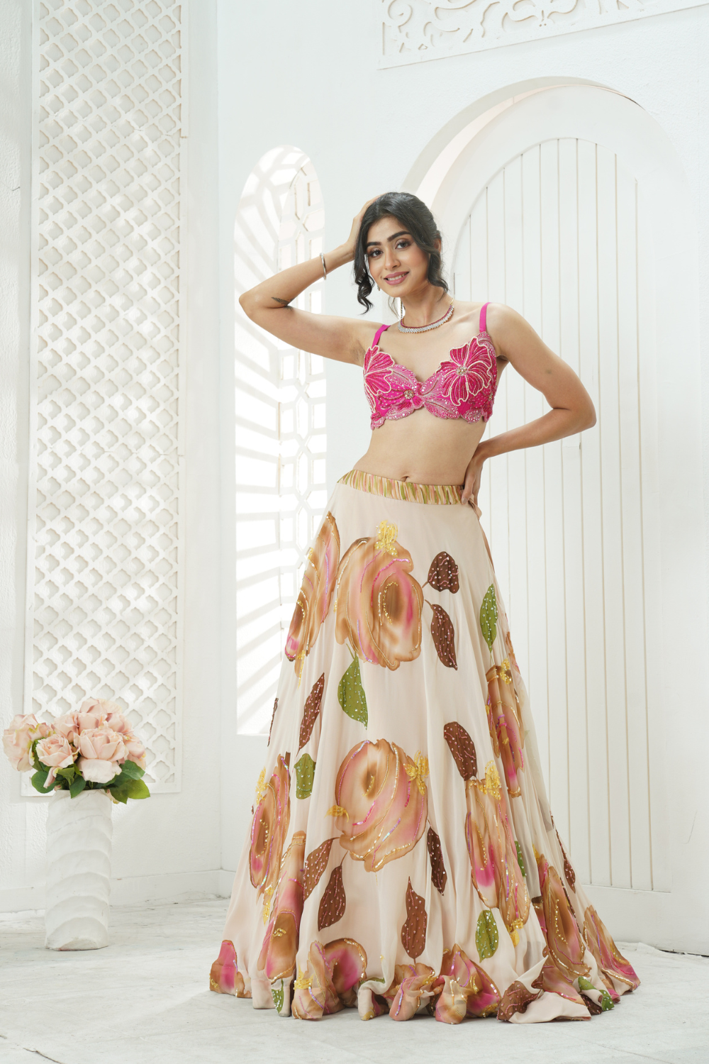 Baby Pink hand painted lehenga and embroidered bralette set