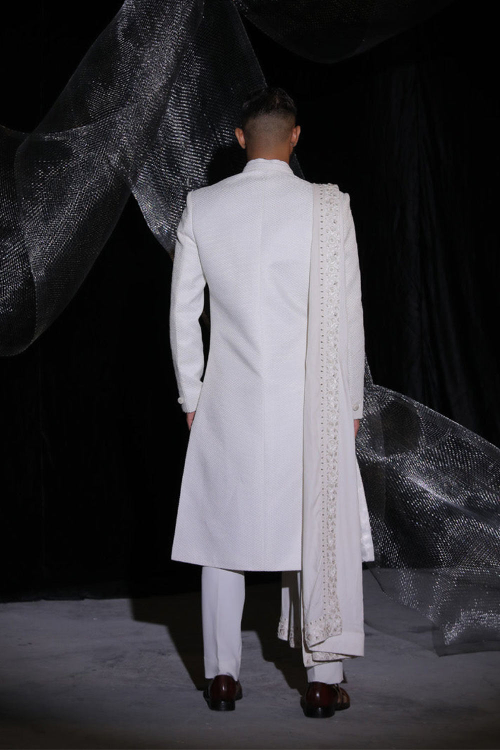 Pearl White Sherwani With Hand Embroidery On Dupatta