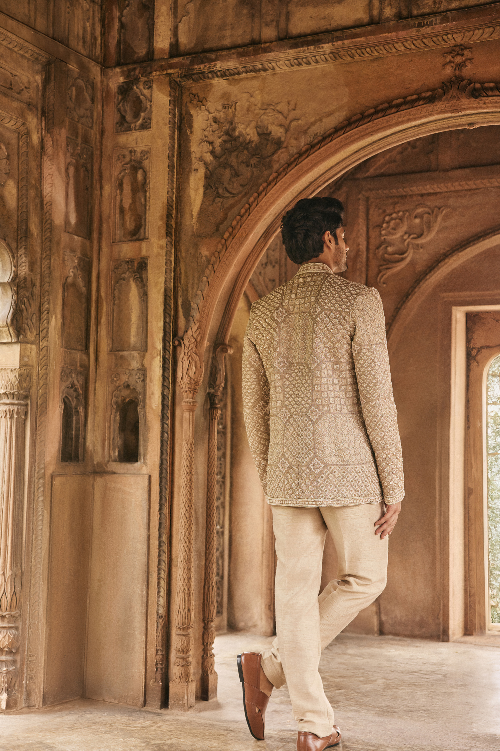 Ecru, beige, dori embroidery, jacket ensemble