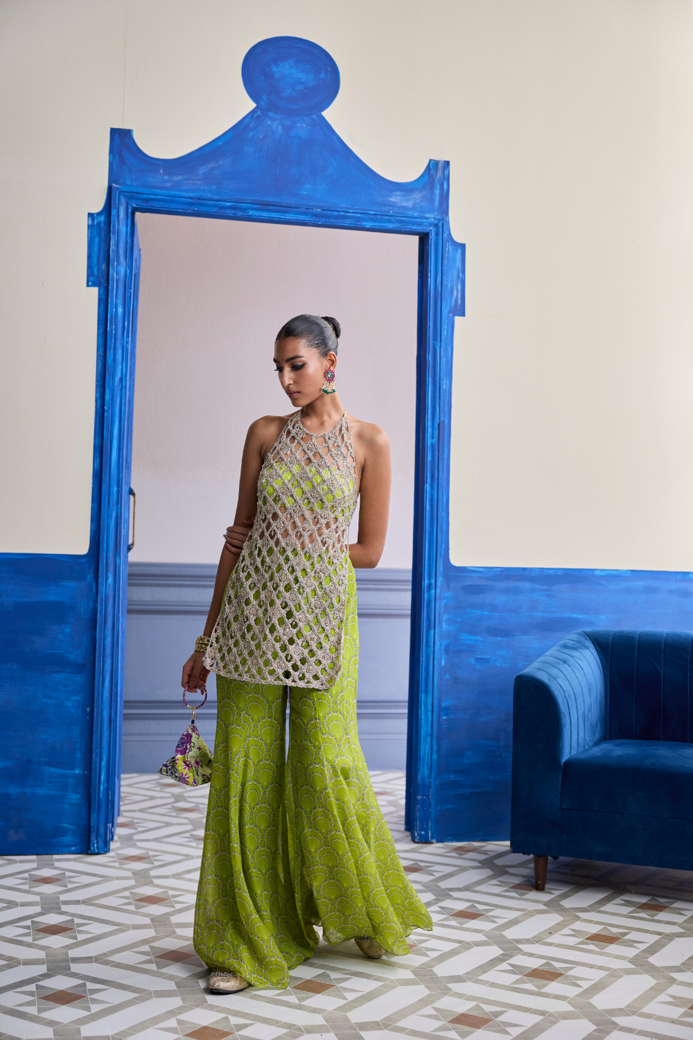 Neon Green Printed Bustier with Bell-Bottoms & Embroidered Cutwork Kurti Set