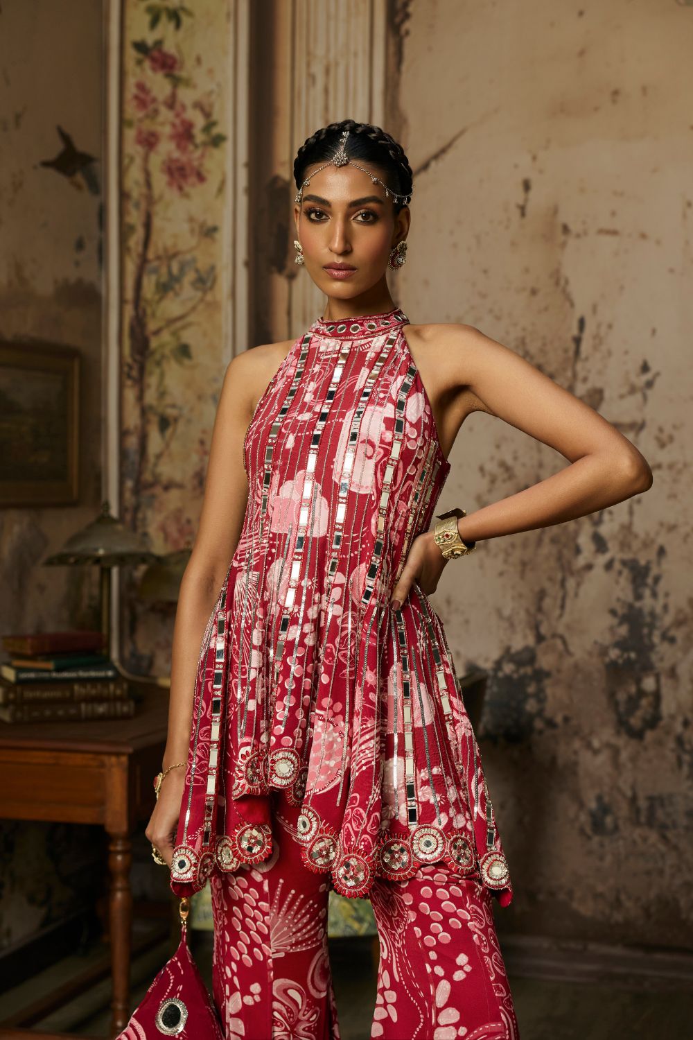 SCARLET RED PRINTED AND HIGHLIGHTED PEPLUM SET