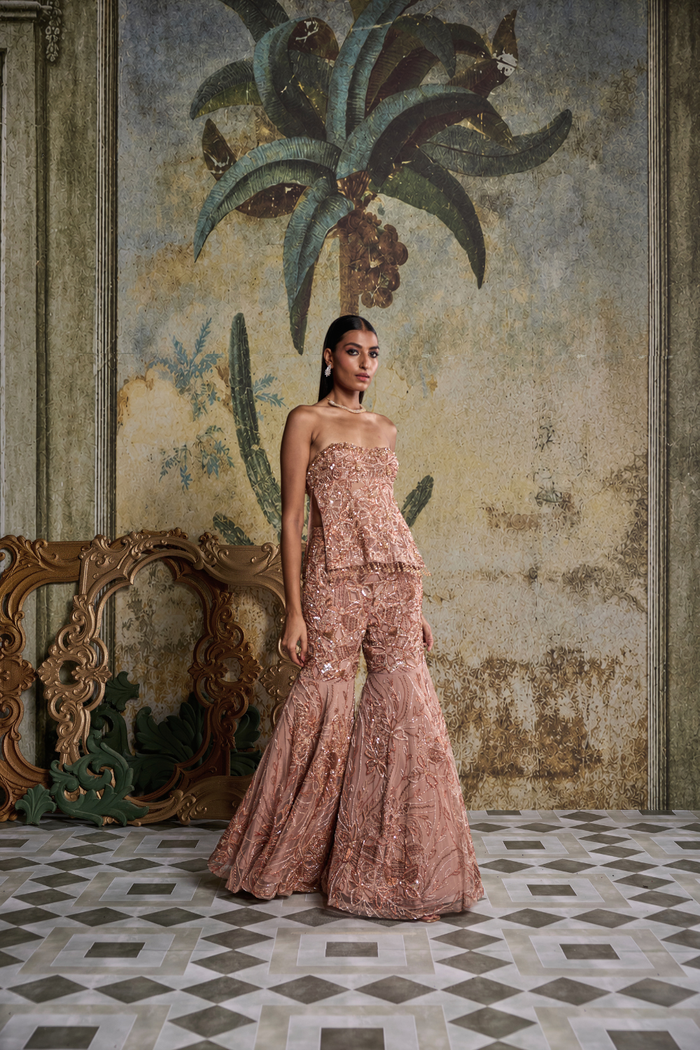 Rose Gold Abstract Floral Embellished Kurti Set
