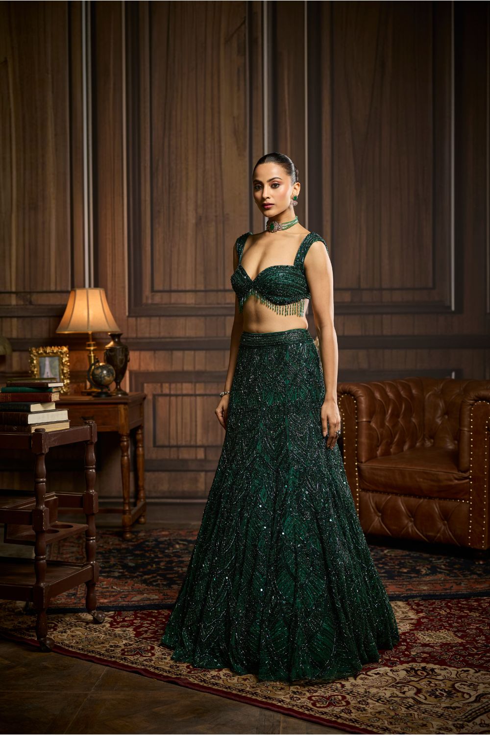 EMERALD GREEN EMBELLISHED MERMAID SKIRT SET