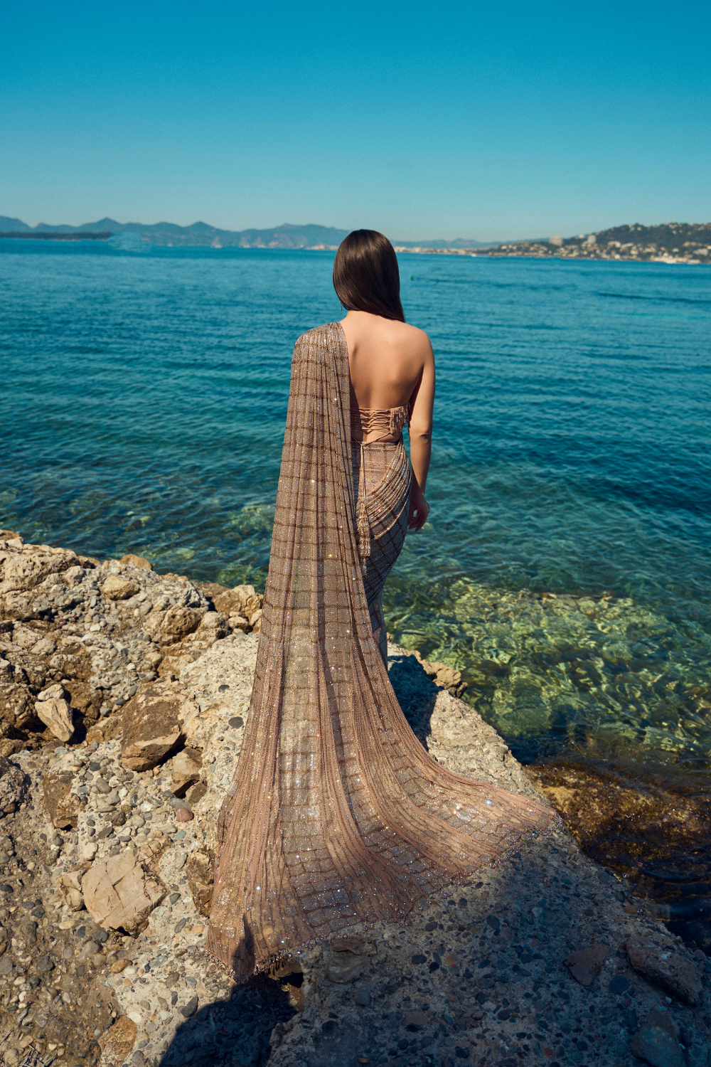Champagne Crystal Pre-Draped Saree
