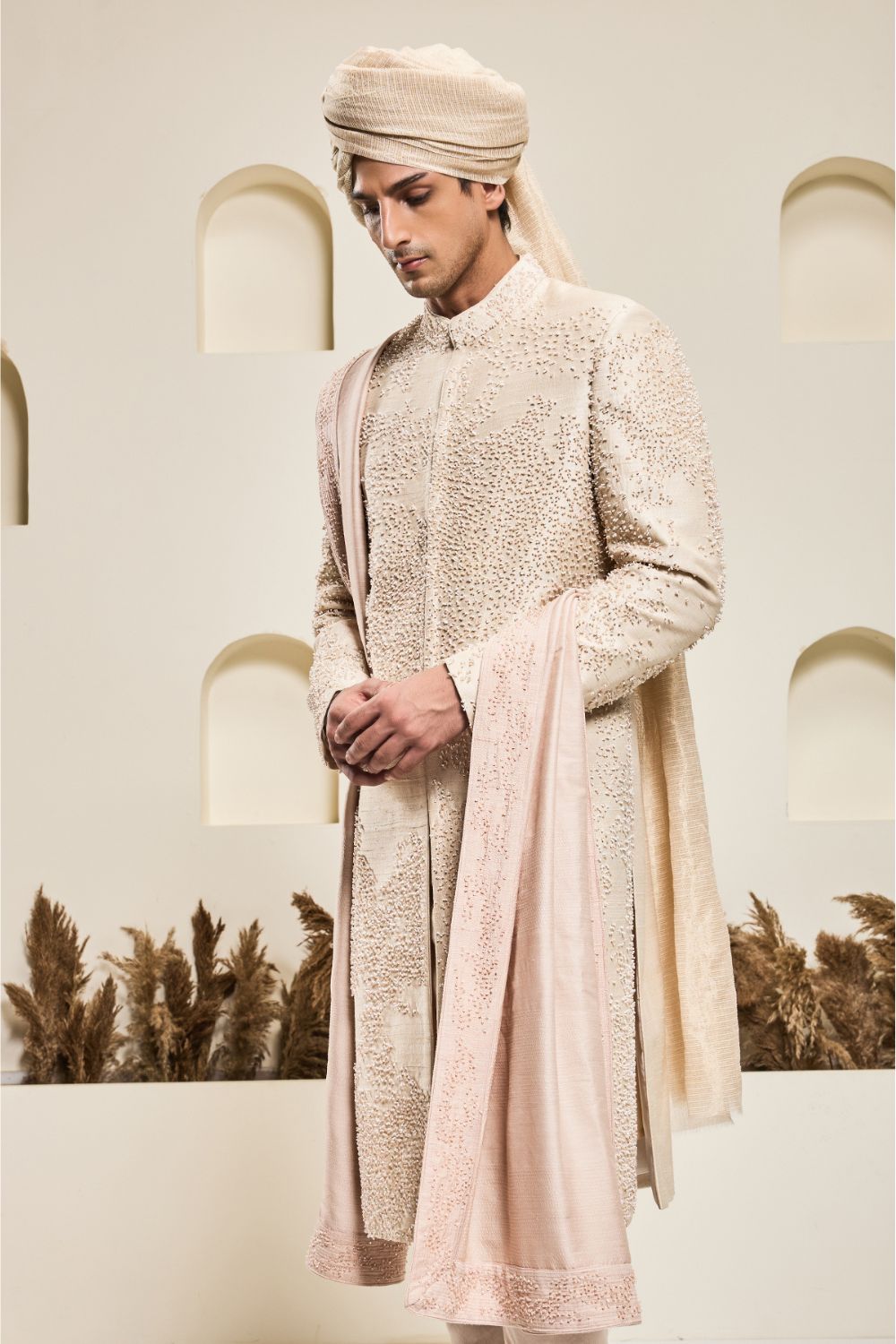 Dusty rose sherwani with pearl and cutdana