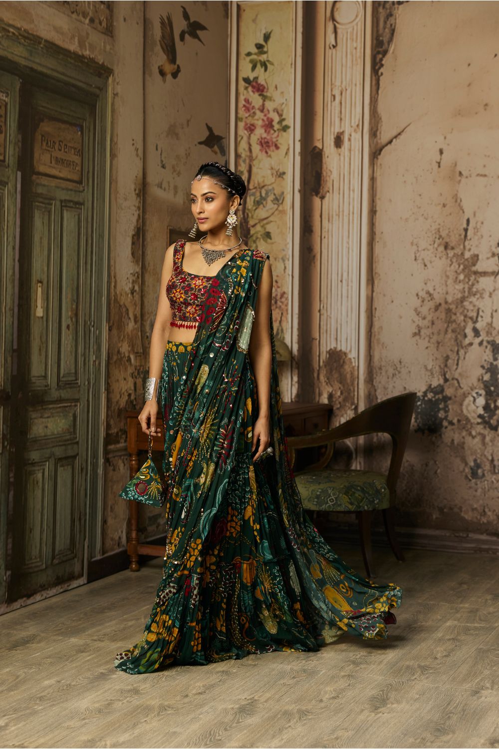 DARK GREEN PRINTED AND HIGHLIGHTED TIERED SKIRT SAREE SET