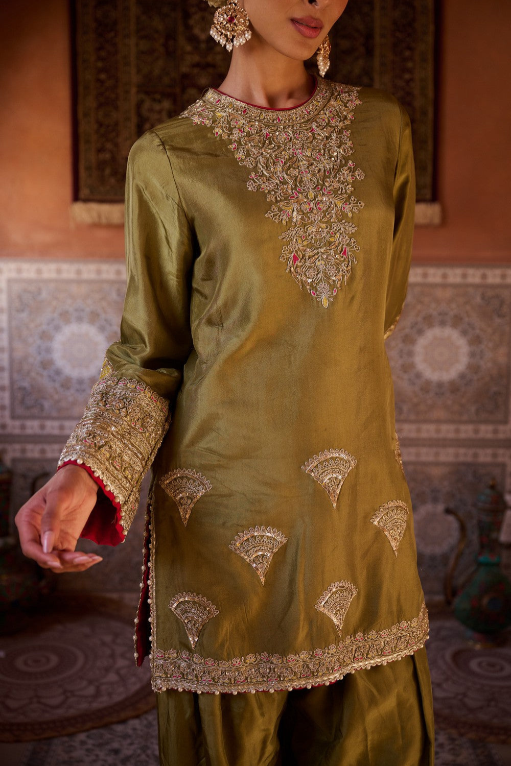 Sage green and mustard upada silk kurta, salwar and organza dupatta