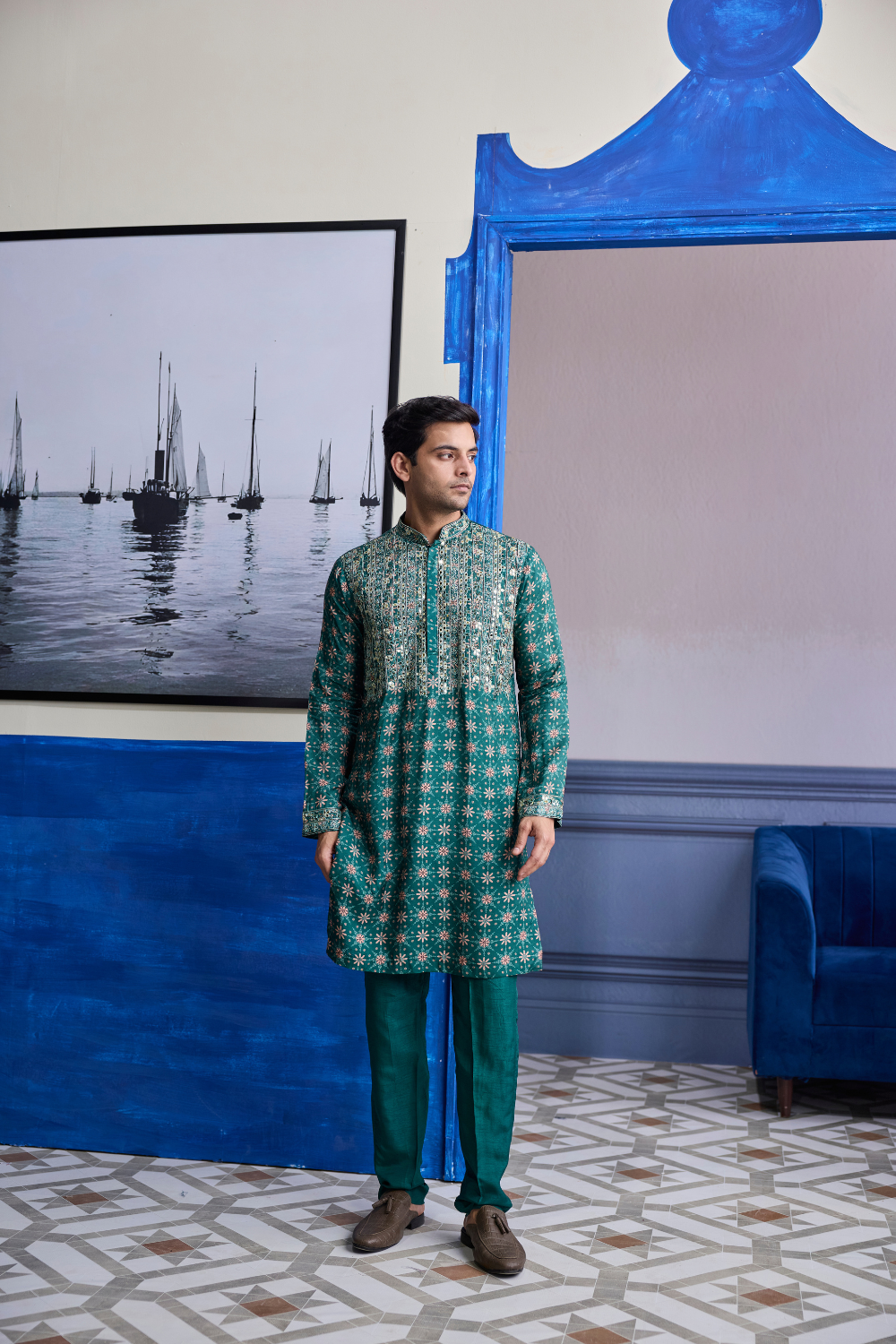 TEAL GREEN BUTTA HIGHLIGHTED KURTA WITH SOLID PANTS
