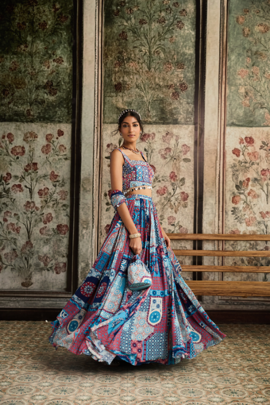 TEAL PRINT AND HIGHLIGHTED SQUARE NECK BLOUSE WITH LEHENGA SET
