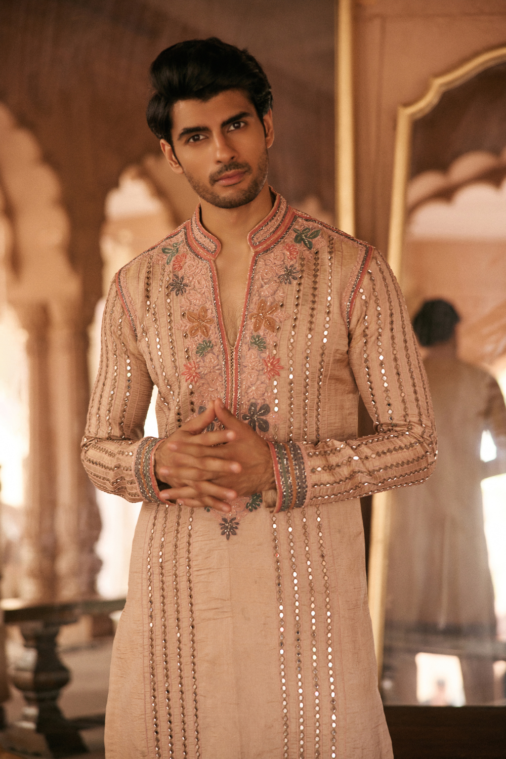 Multi-colour, Mirrorwork, tissue, kurta set