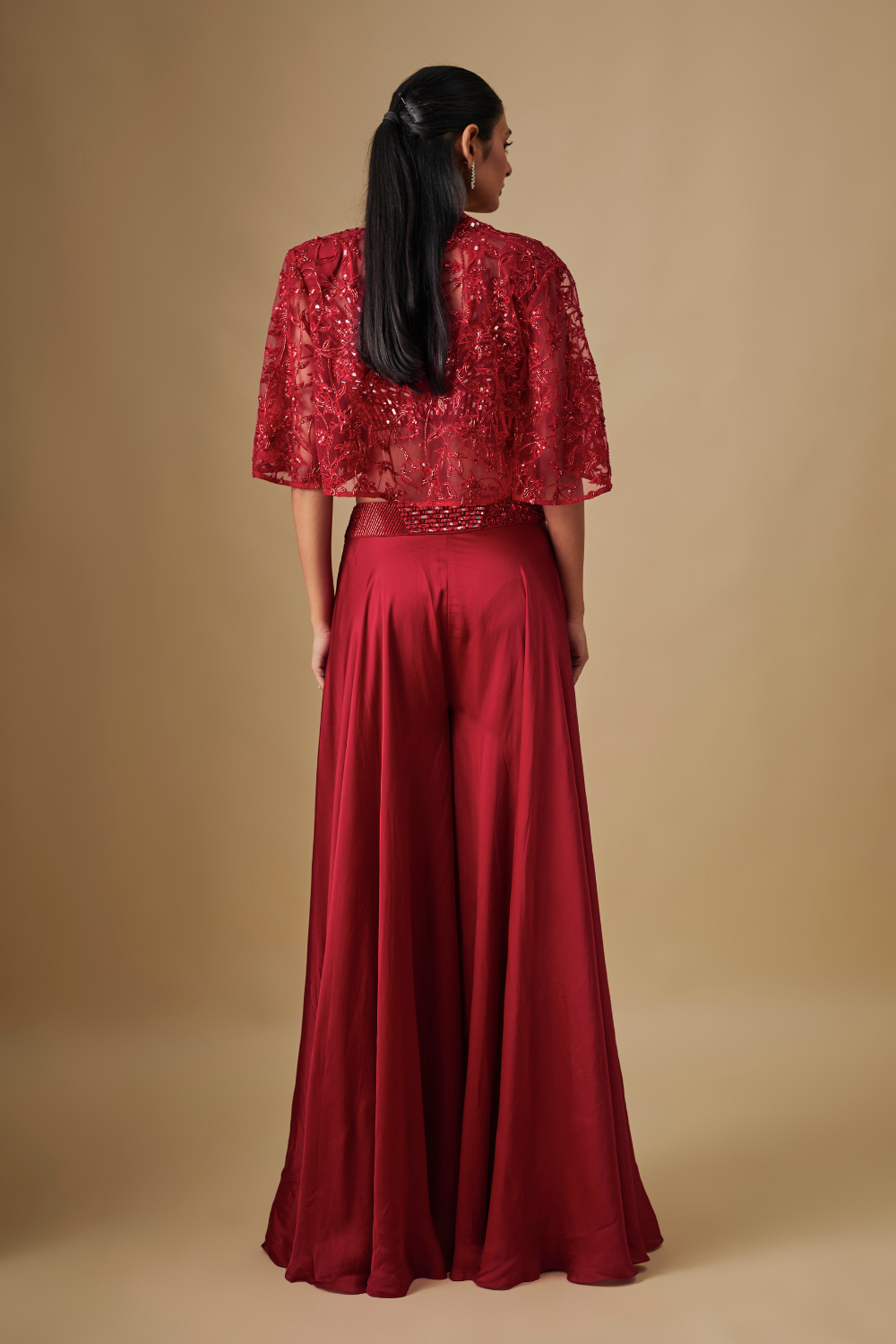 Shelly-Red sharara Mirror Blouse with Cape