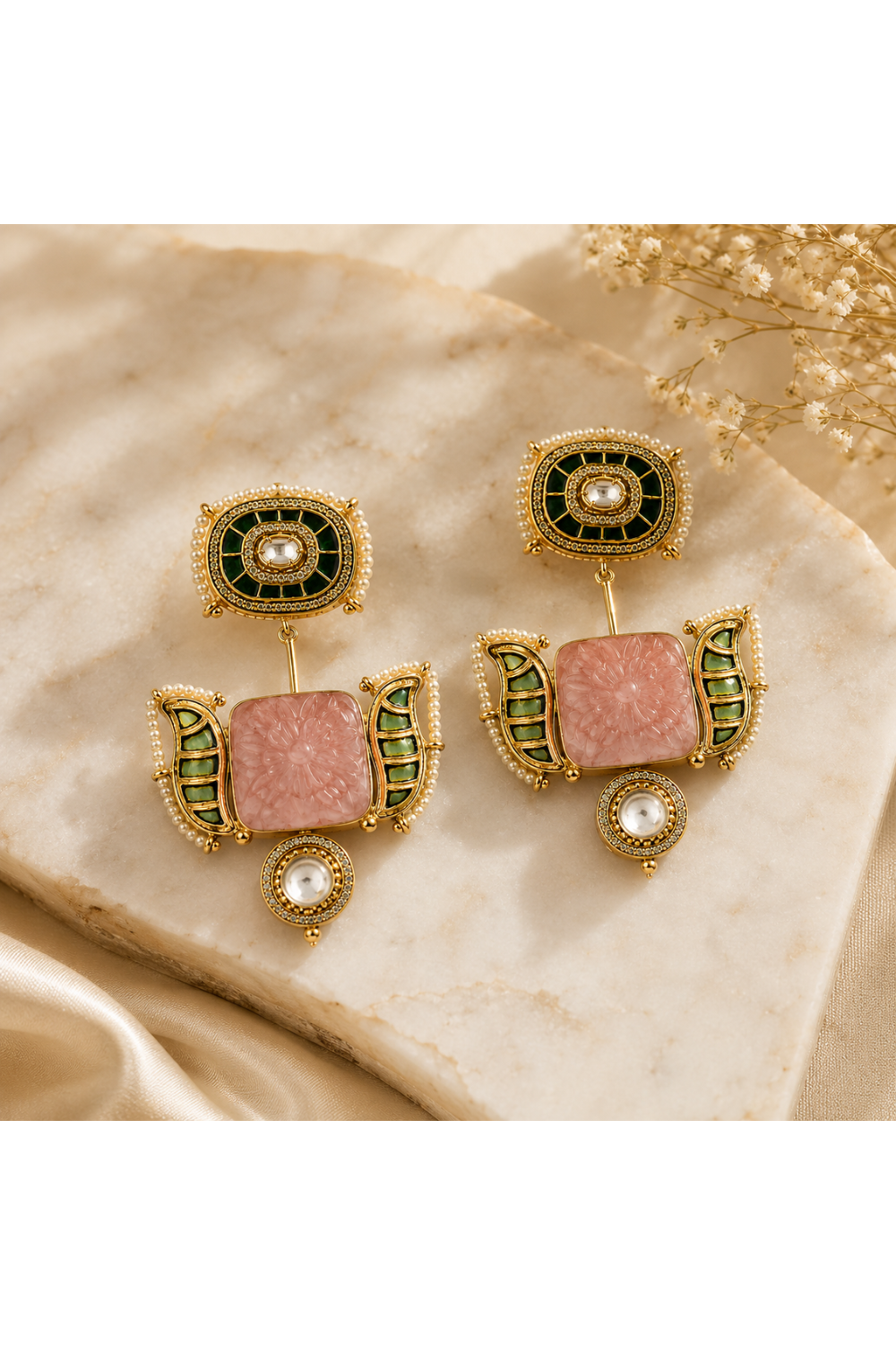 Blush Pink & Emerald Green Semi-Precious Statement Earrings