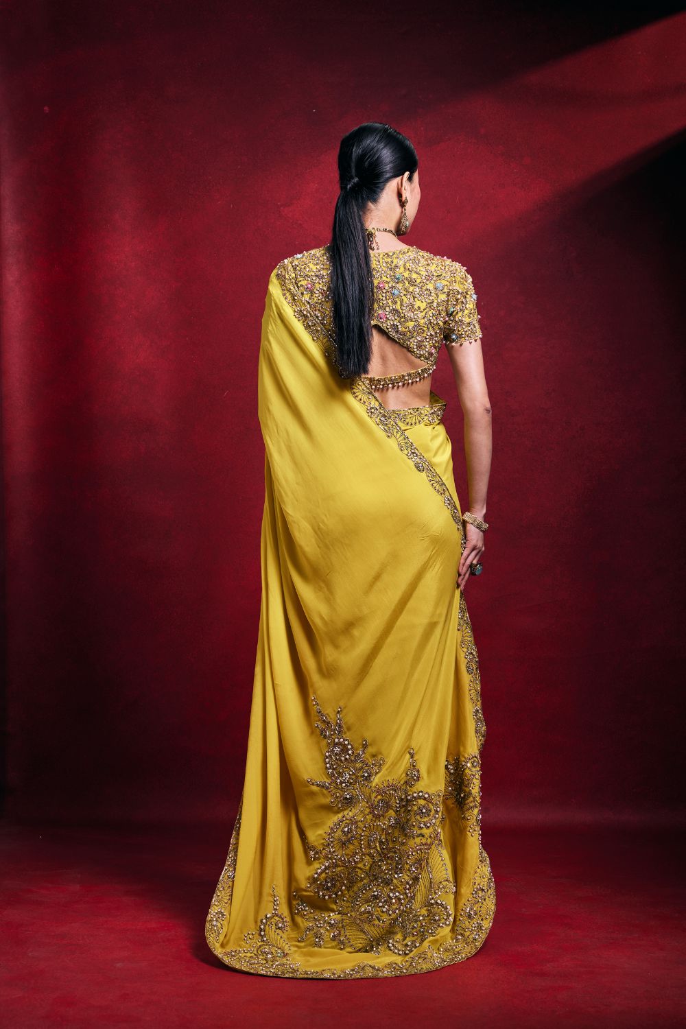 YELLOW CREPE SAREE SET
