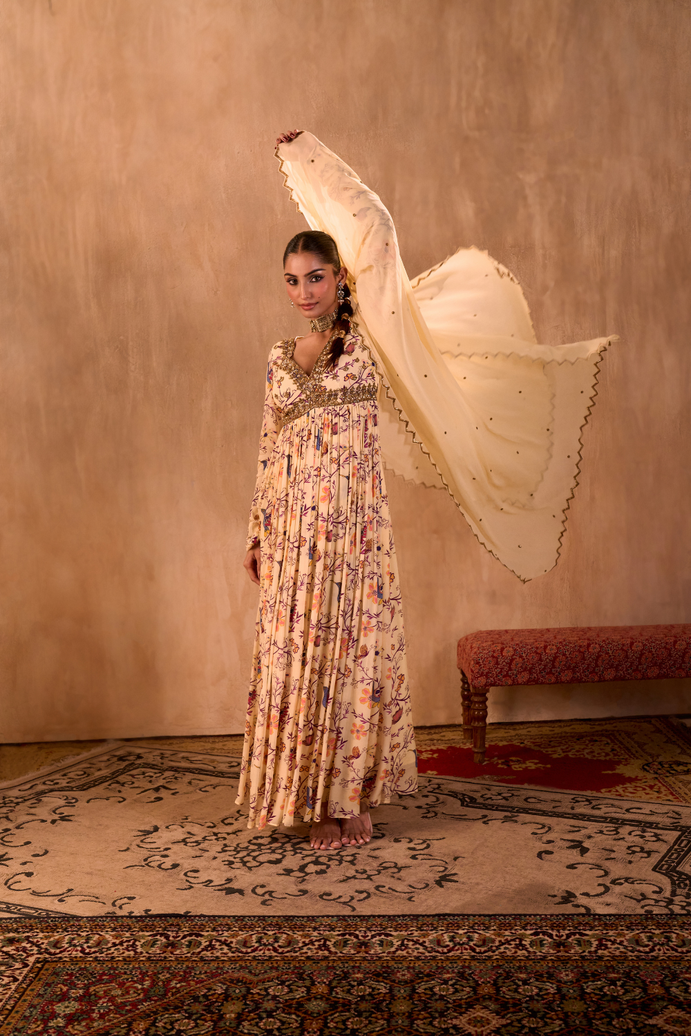 IVORY PRINT EMBROIDERED ANARKALI AND DUPATTA SET