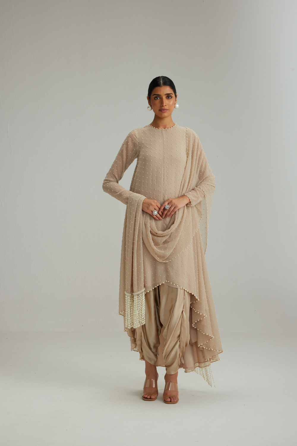 Light Beige pearl Kurta With Stole Set
