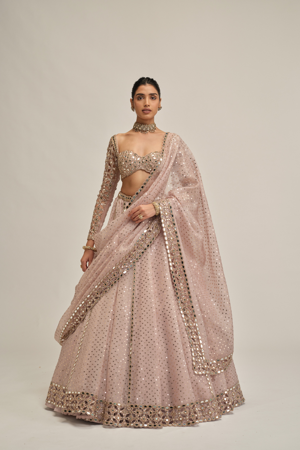 Ash Pink Cutwork Sleeve Lehenga Set