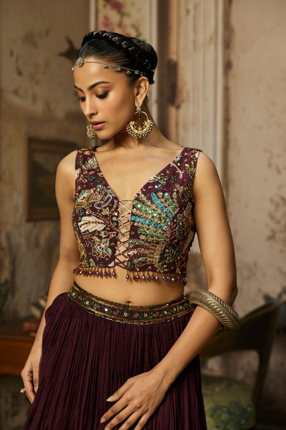 PLUM PRINT AND HIGHIGHTED BLOUSE WITH SKIRT SET