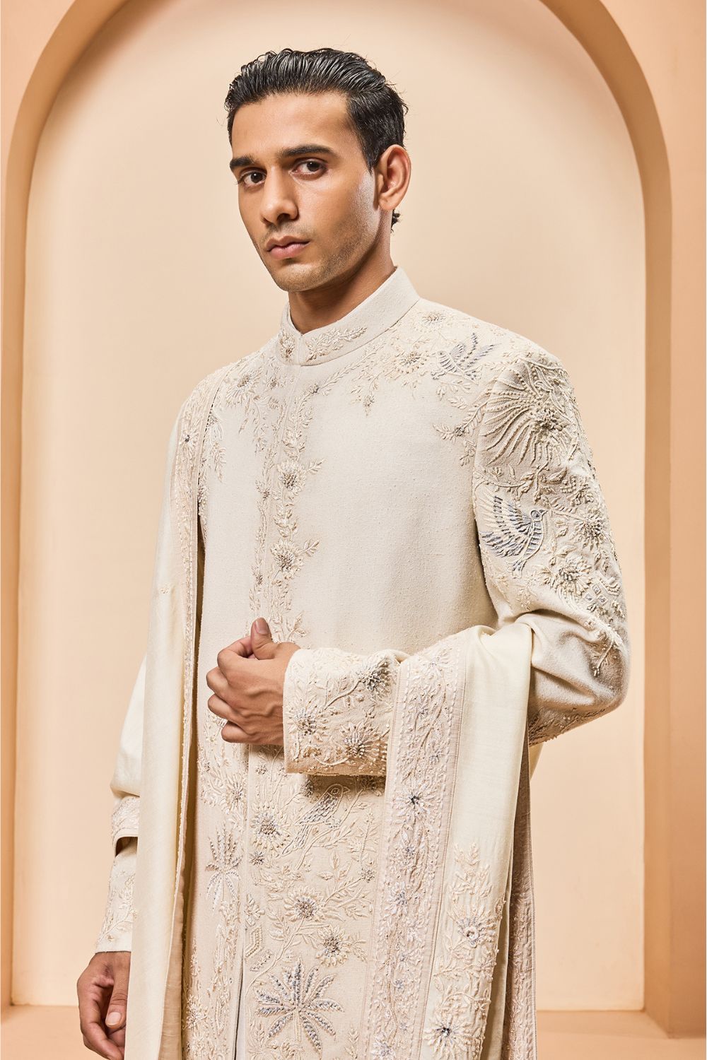 Ivory sherwani with pearl,sequins and resham thread work