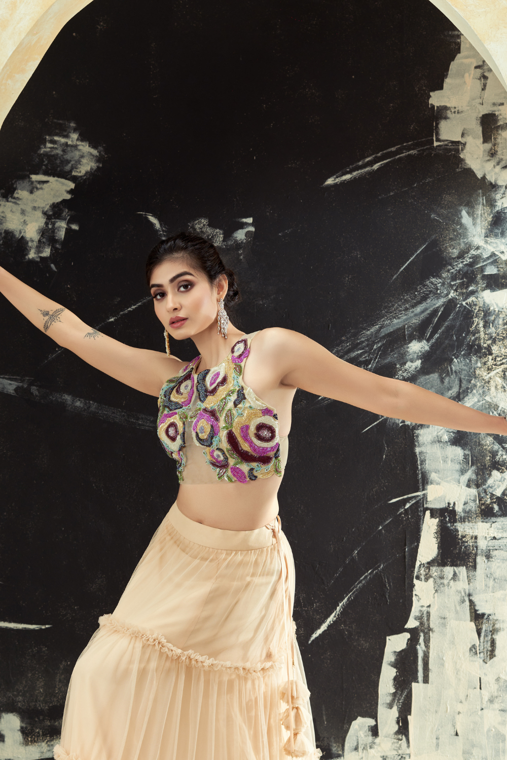 Multi-hued embroidered blouse and tier skirt set