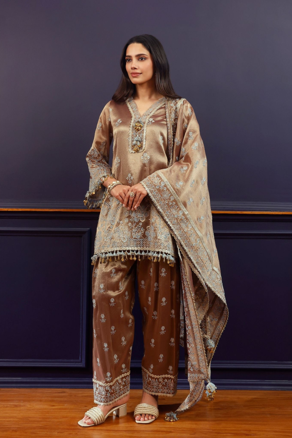 Lovi Tissue Pista Brown Kurta With Farshi Salwar