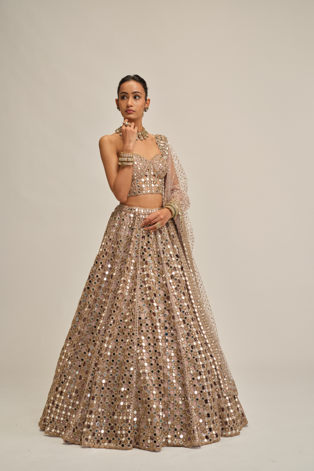 Ash Pink Dense Big Mirror Cutwork Lehenga with Corset Set