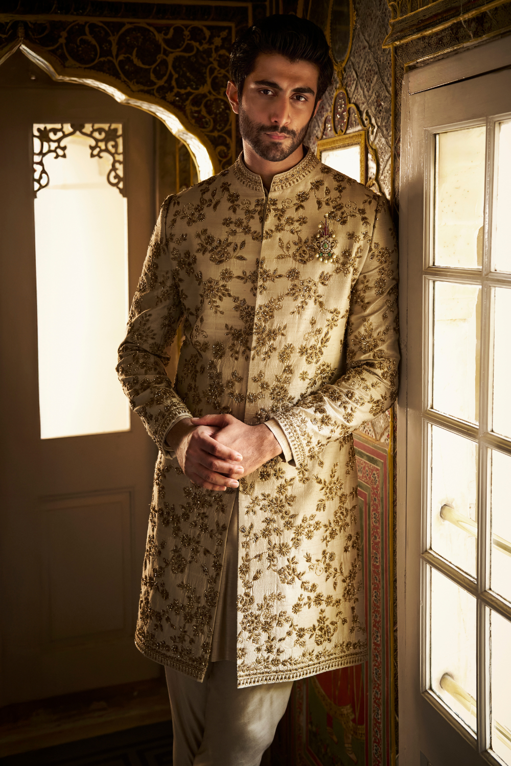 Beige Zardosi Short Sherwani Set