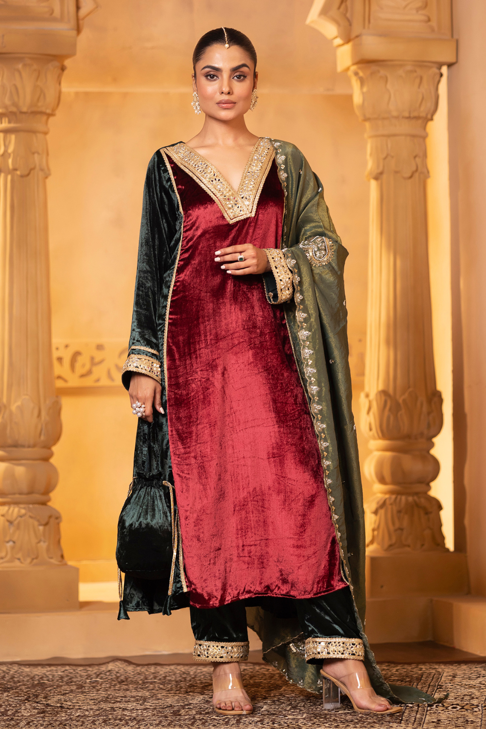 Maroon Green Velvet Set