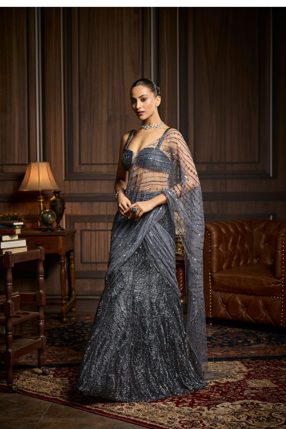 GUNMETAL EMBELLISHED PRE-DRAPED SKIRT SAREE SET
