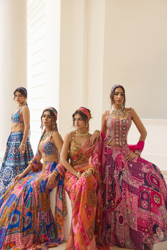 FUSCHIA PRINT AND HIGHLIGHTED CORSET BLOUSE LEHENGA SET