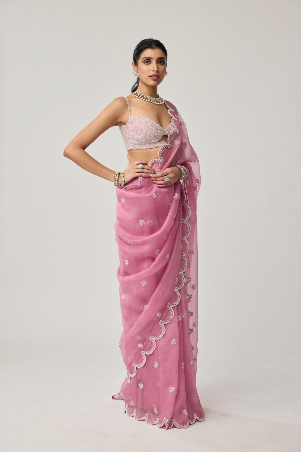 Onion Pink Organza Pearl saree set