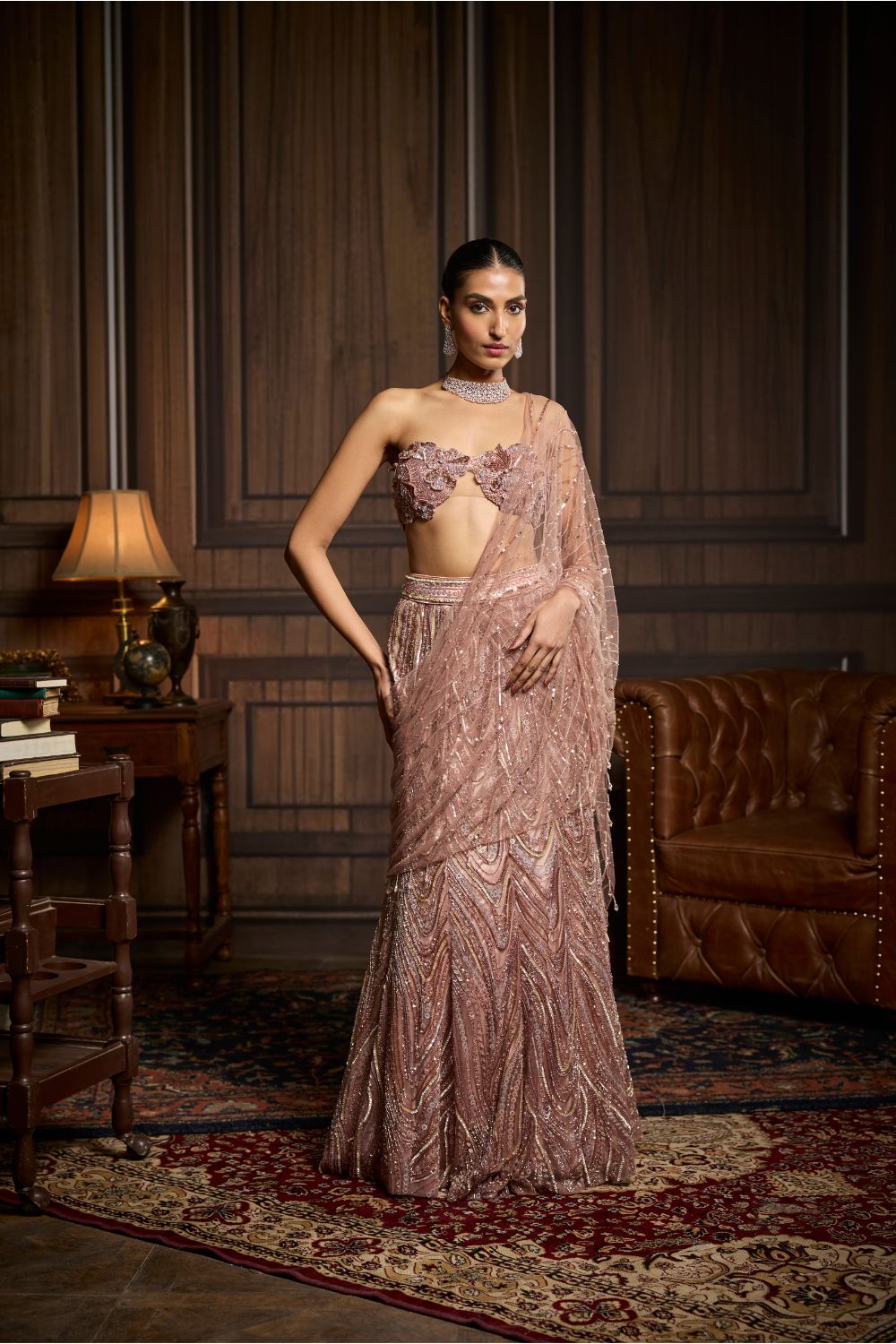 BLUSH PINK EMBELLISHED PRE-DRAPED SKIRT SAREE SET