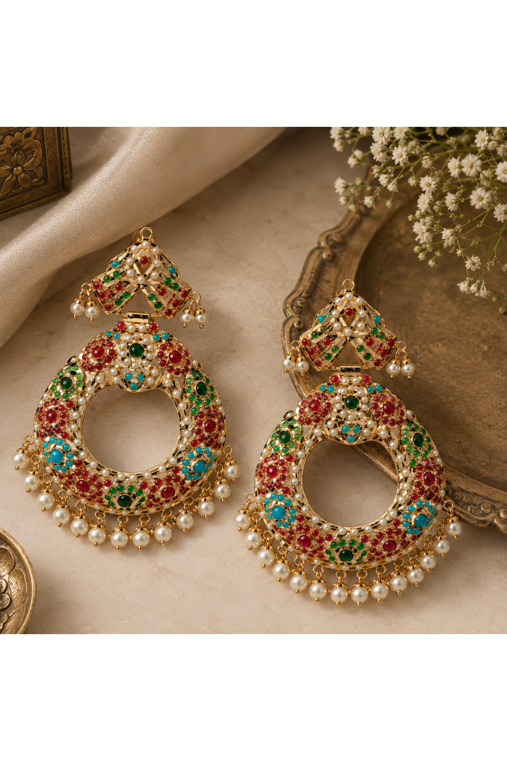 Multicolour Jadau Pearl Chandbali Earrings