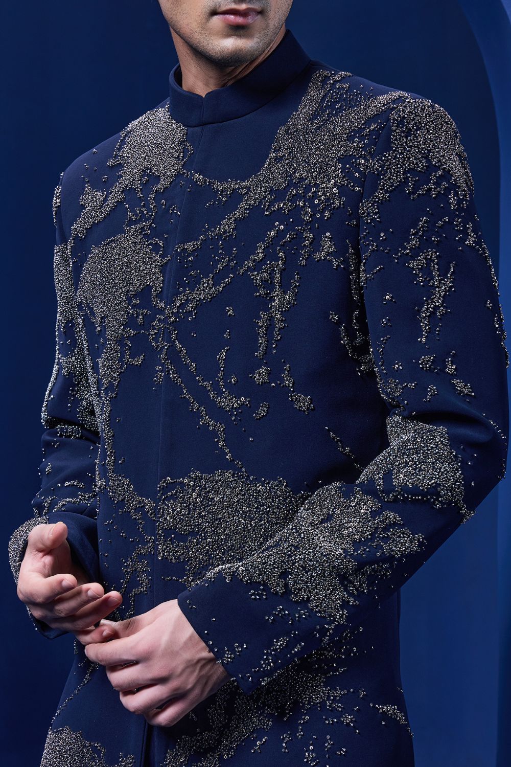 Navy blue Indo Western highlighted with sequins,pearl and cutdana