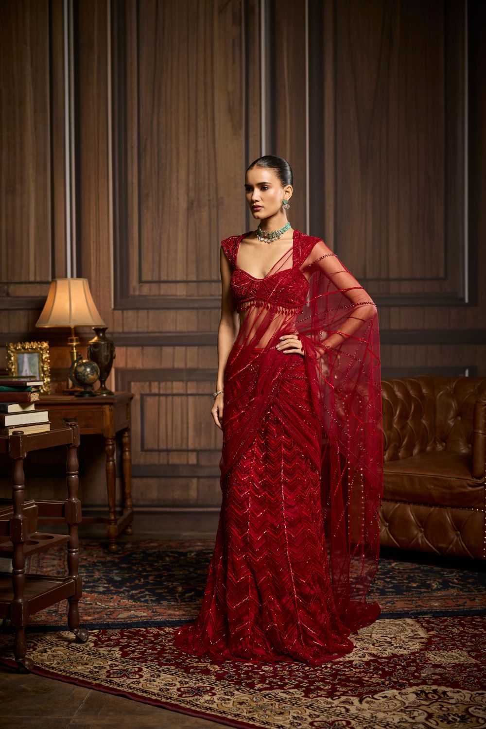 RED EMBELLISHED DRAPED PRE-DRAPED SKIRT SAREE SET