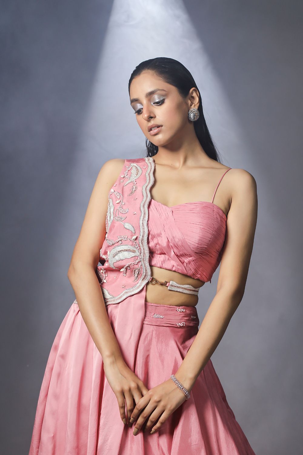 Cashmere rose pink skirt set with jacket dupatta