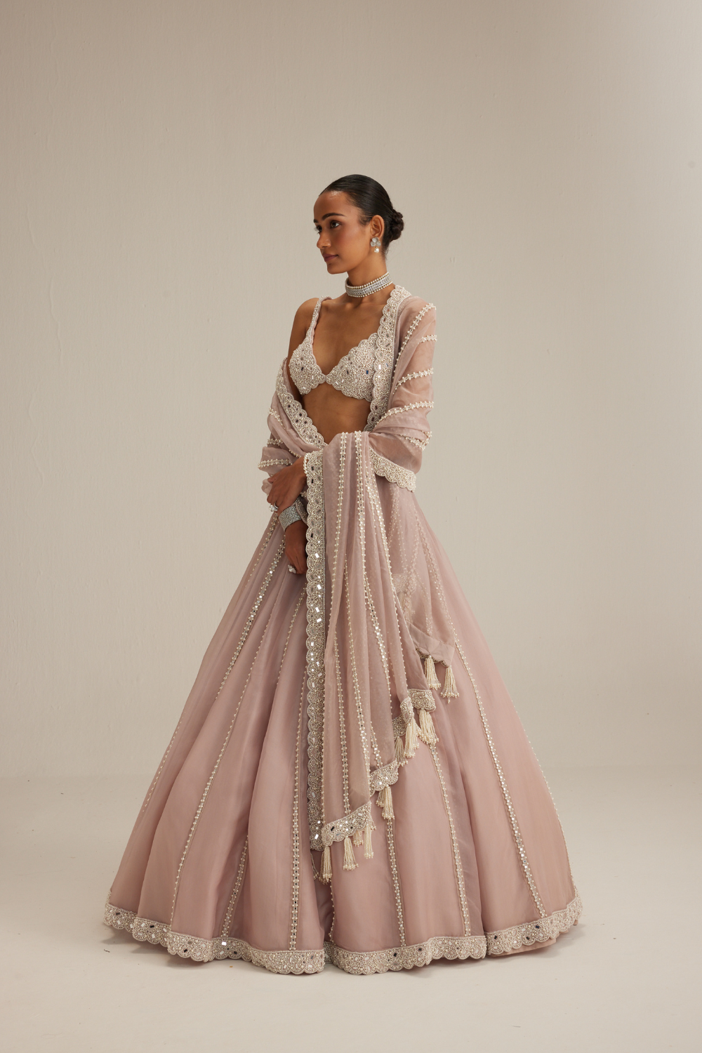 Ash Pink Pearl Mirror linear Lehenga with V neck Blouse