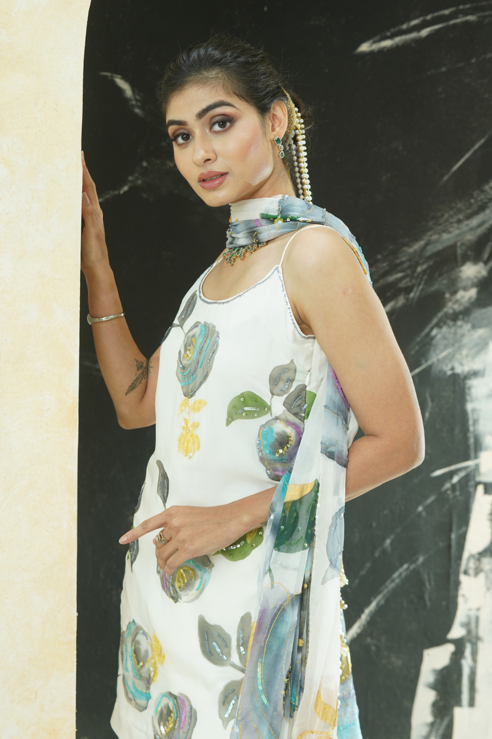 Ivory hand painted slip kurta and sharara set
