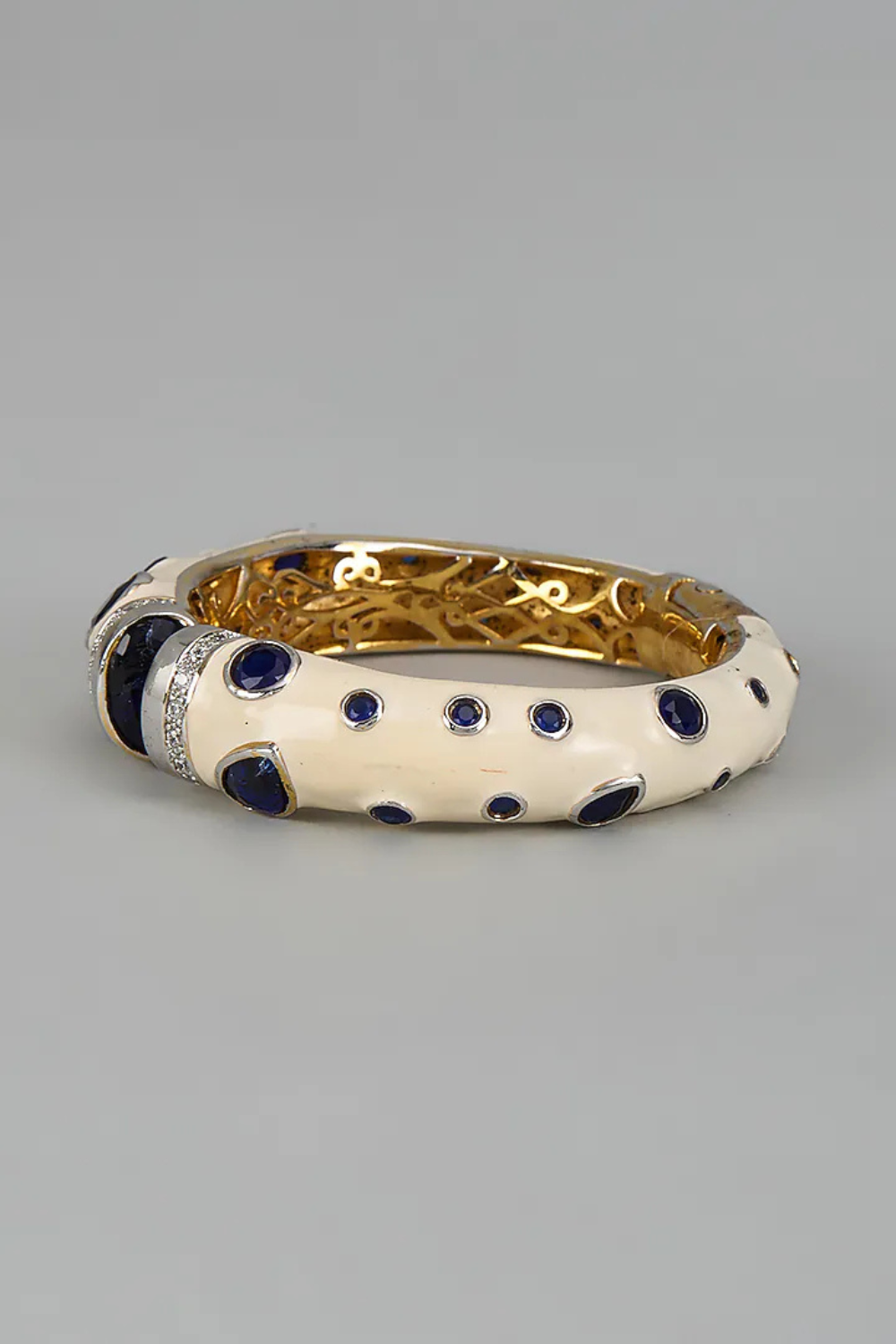 White Enamel Blue Onex Stone Open Cuff Kada