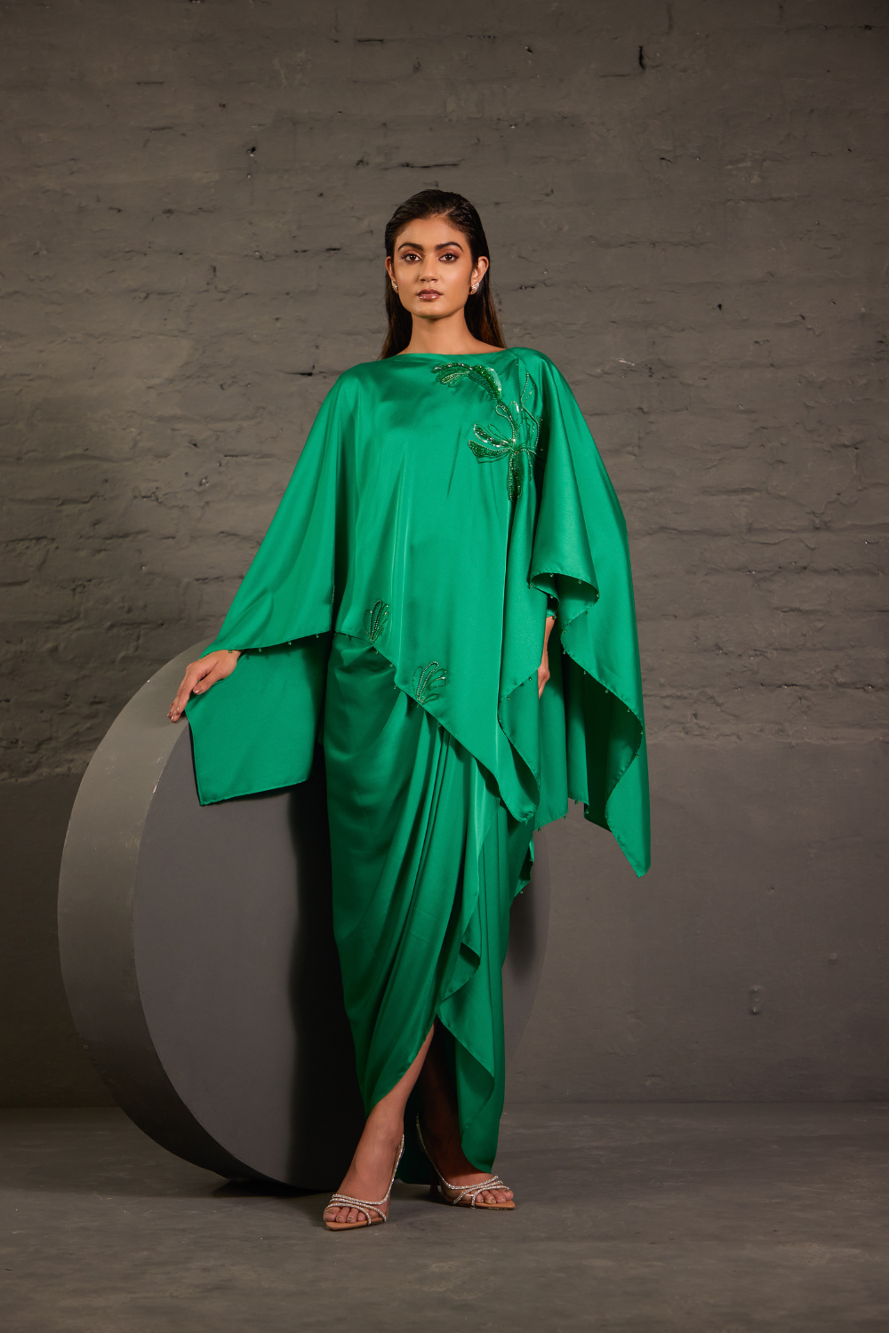 Emerald Green Flowy Kaftaan With Drape Skirt